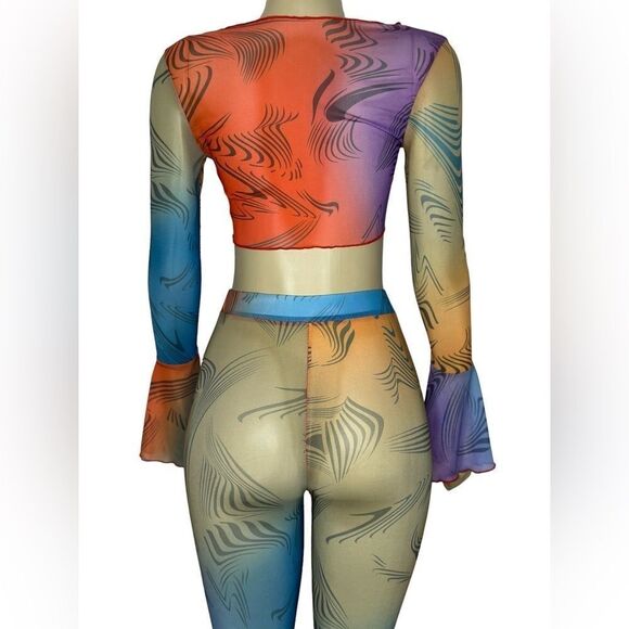 Stylish Long Sleeve Mesh Crop Top & Leggings Pants Set Breathable Trendy - Picture 11 of 16